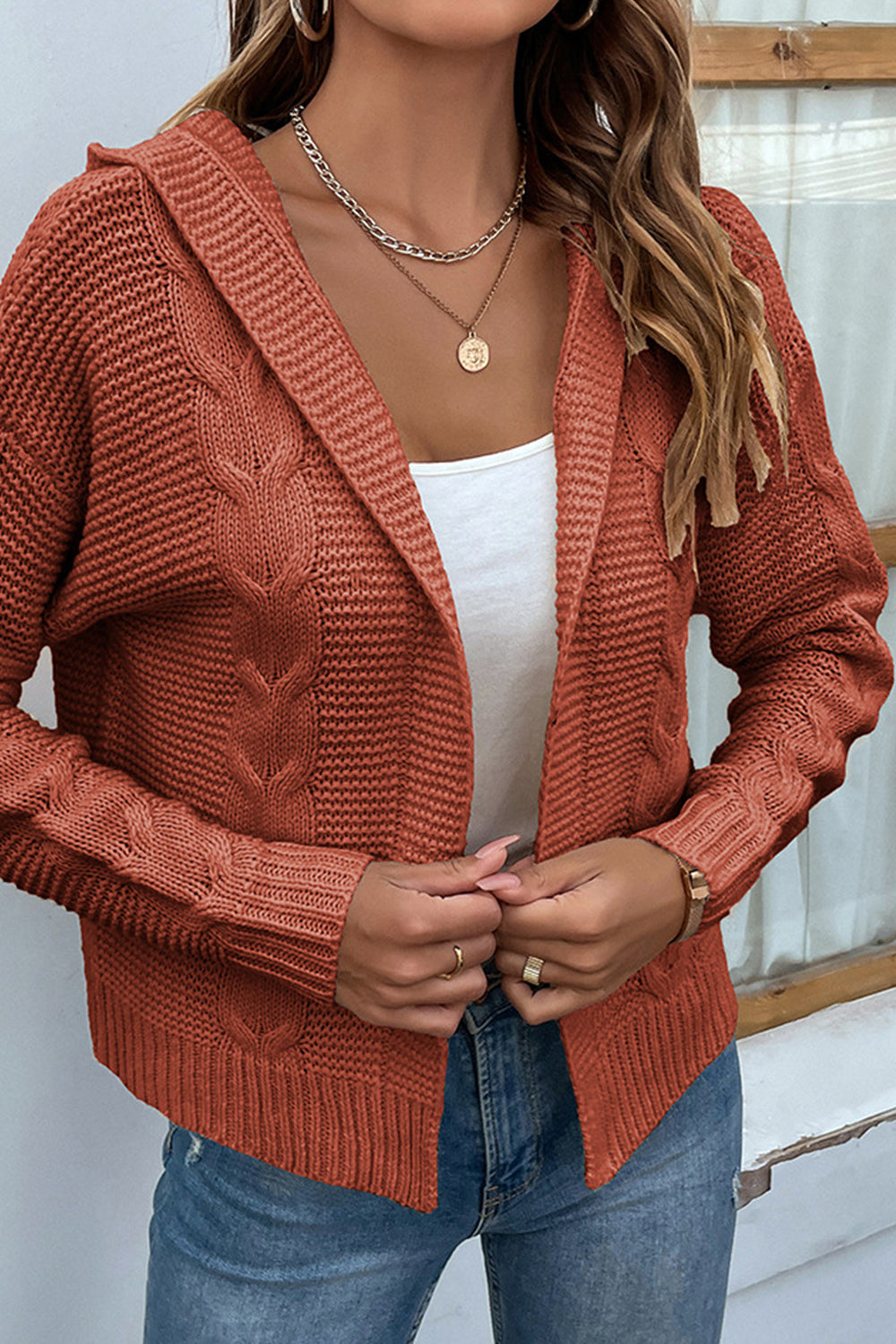 cable-knit dropped shoulder hooded cardigan