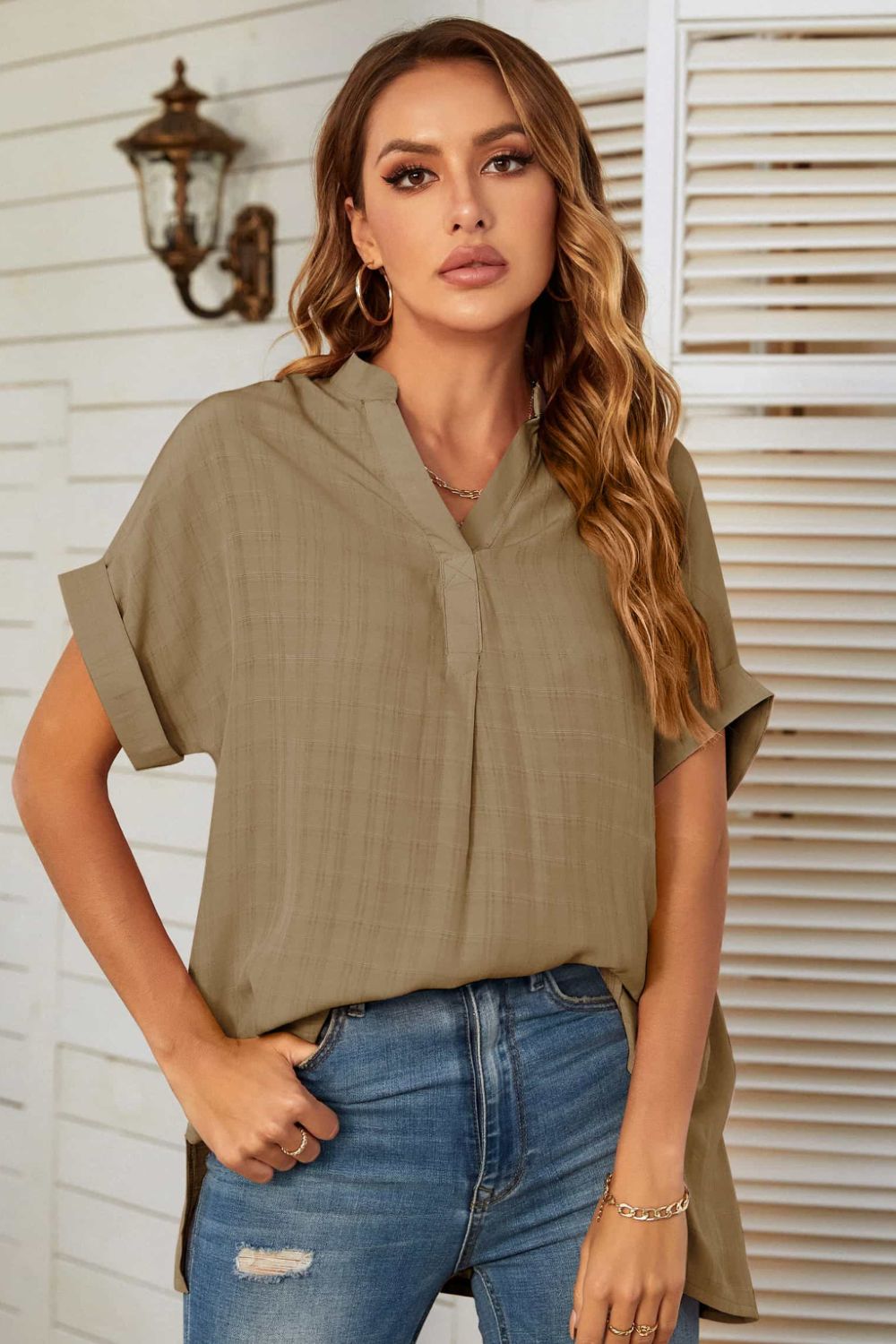 notched neck slit cuffed blouse