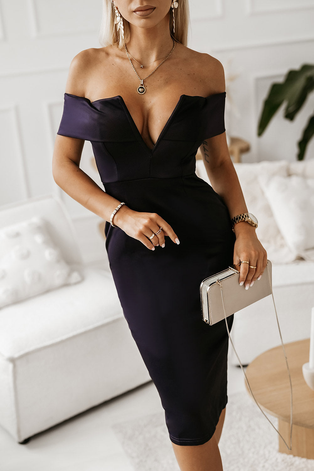 off-shoulder zip-back slit dress