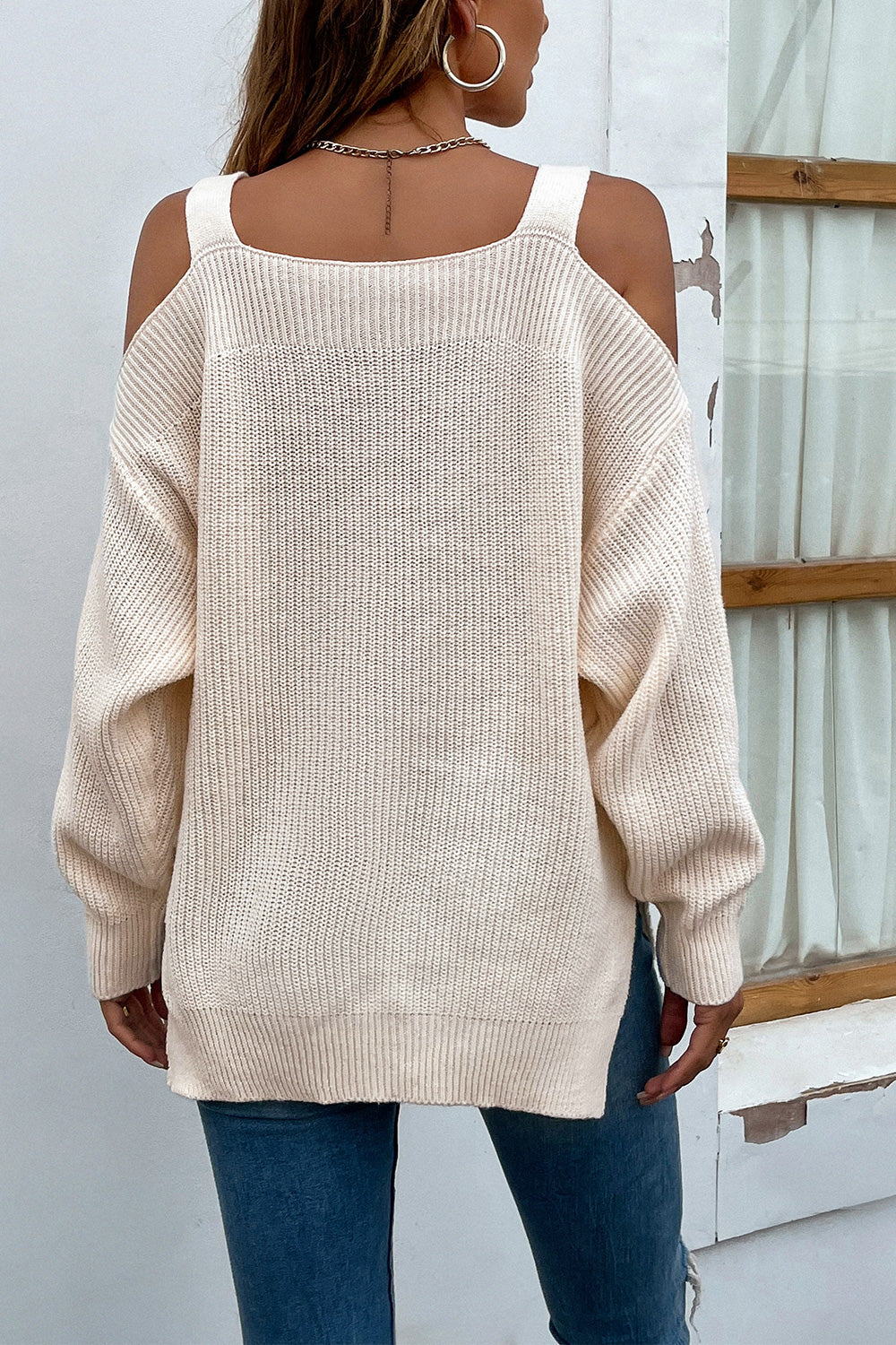 ribbed cold shoulder long sleeve knit top