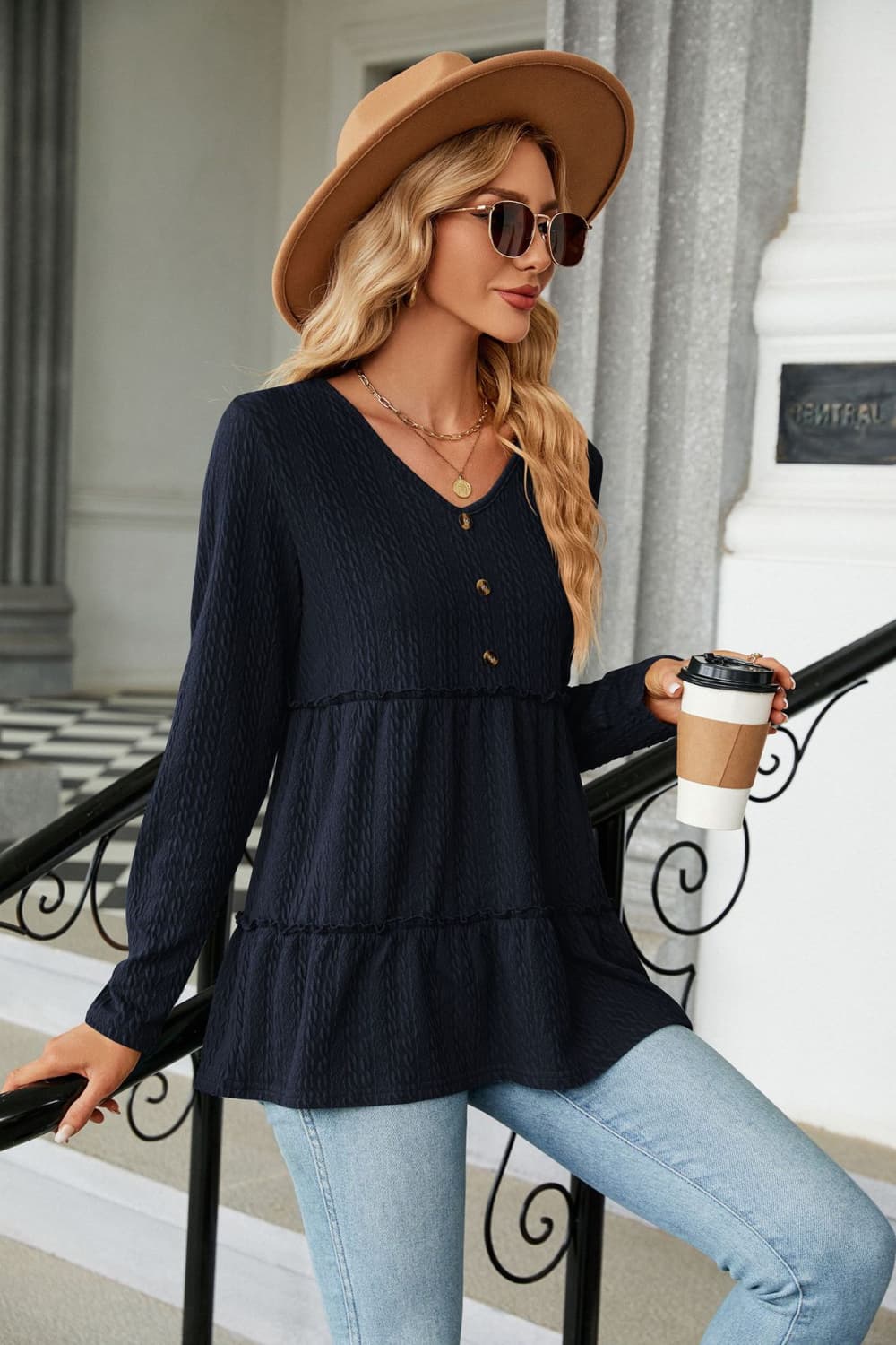 long sleeve v-neck cable-knit blouse