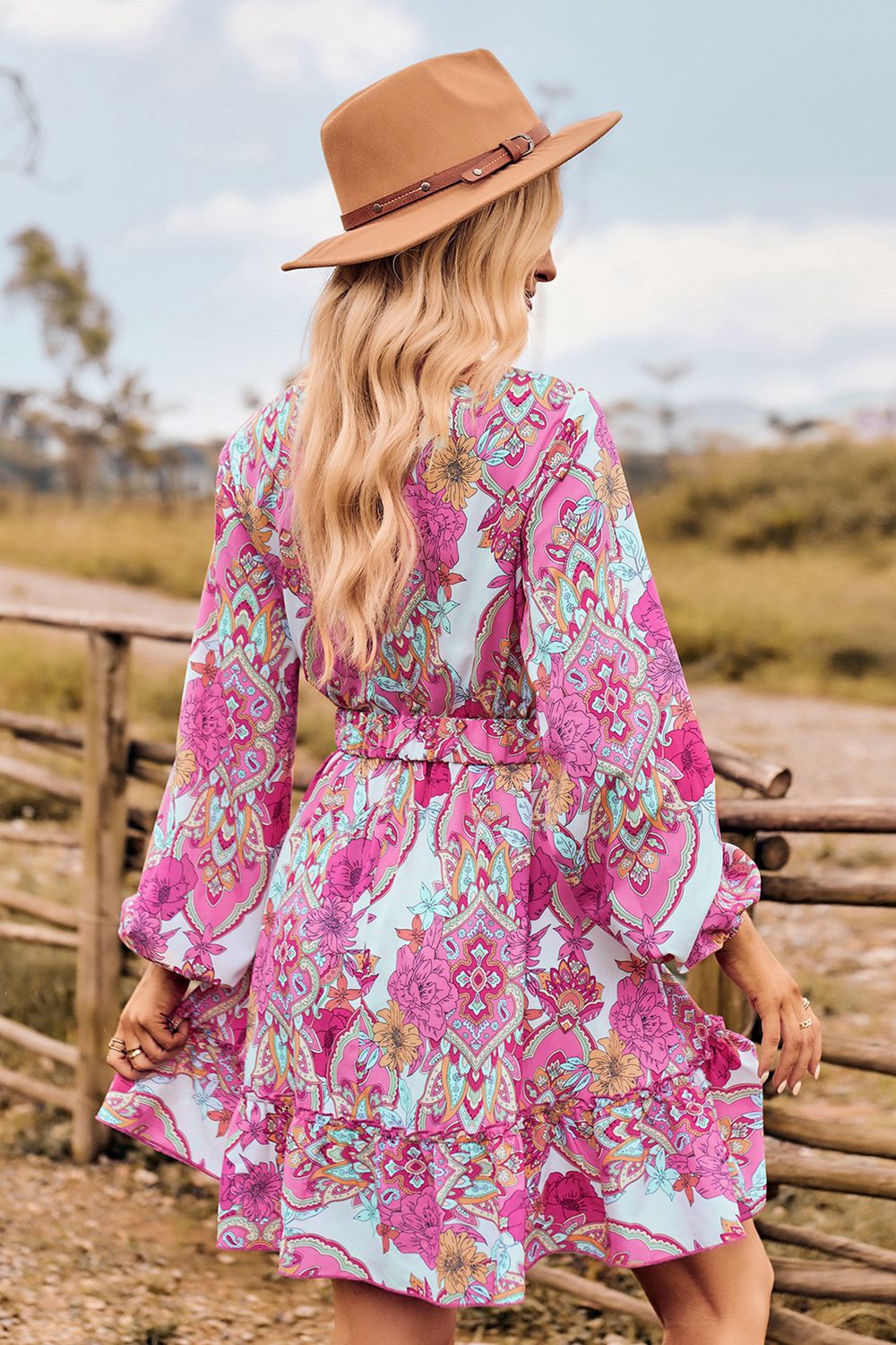 printed surplice neck long sleeve dress