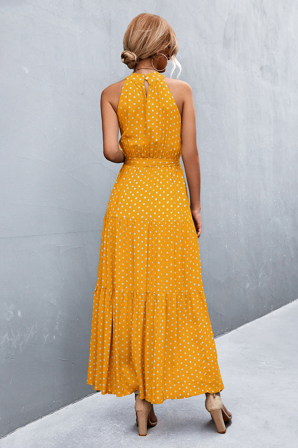 printed sleeveless tie waist maxi dress