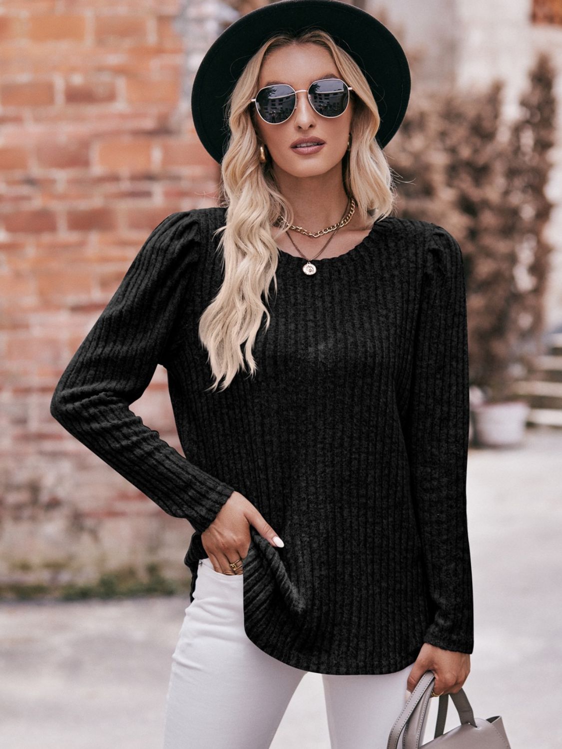 double take round neck puff sleeve ribbed top