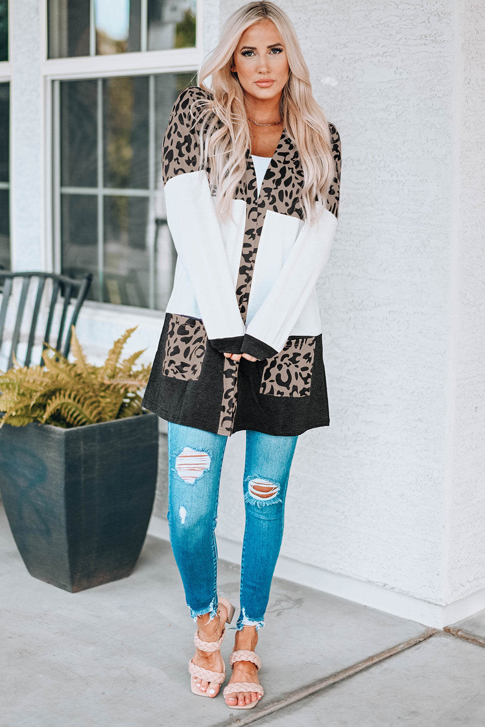 leopard print color block longline cardigan