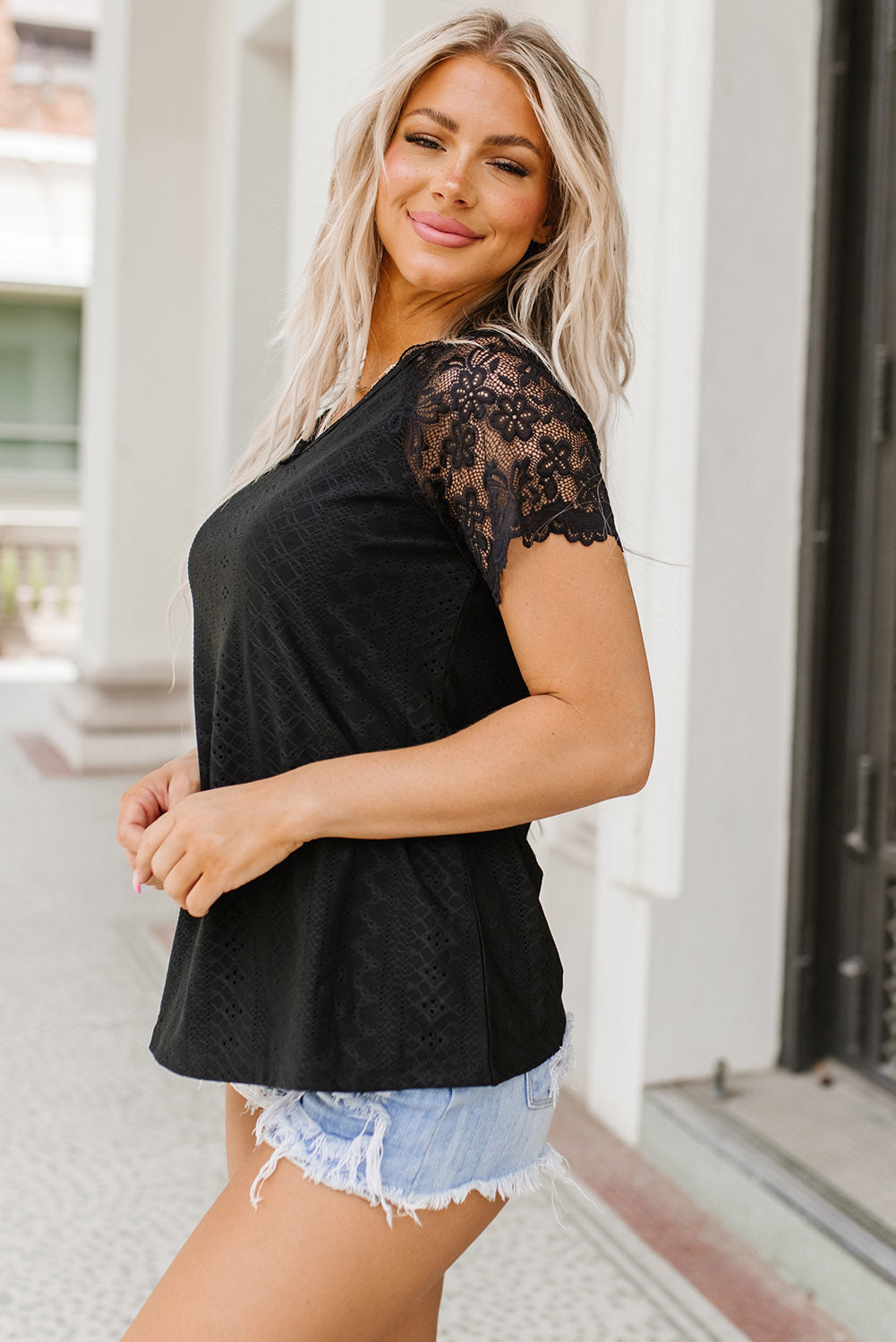 v-neck short sleeve lace trim blouse