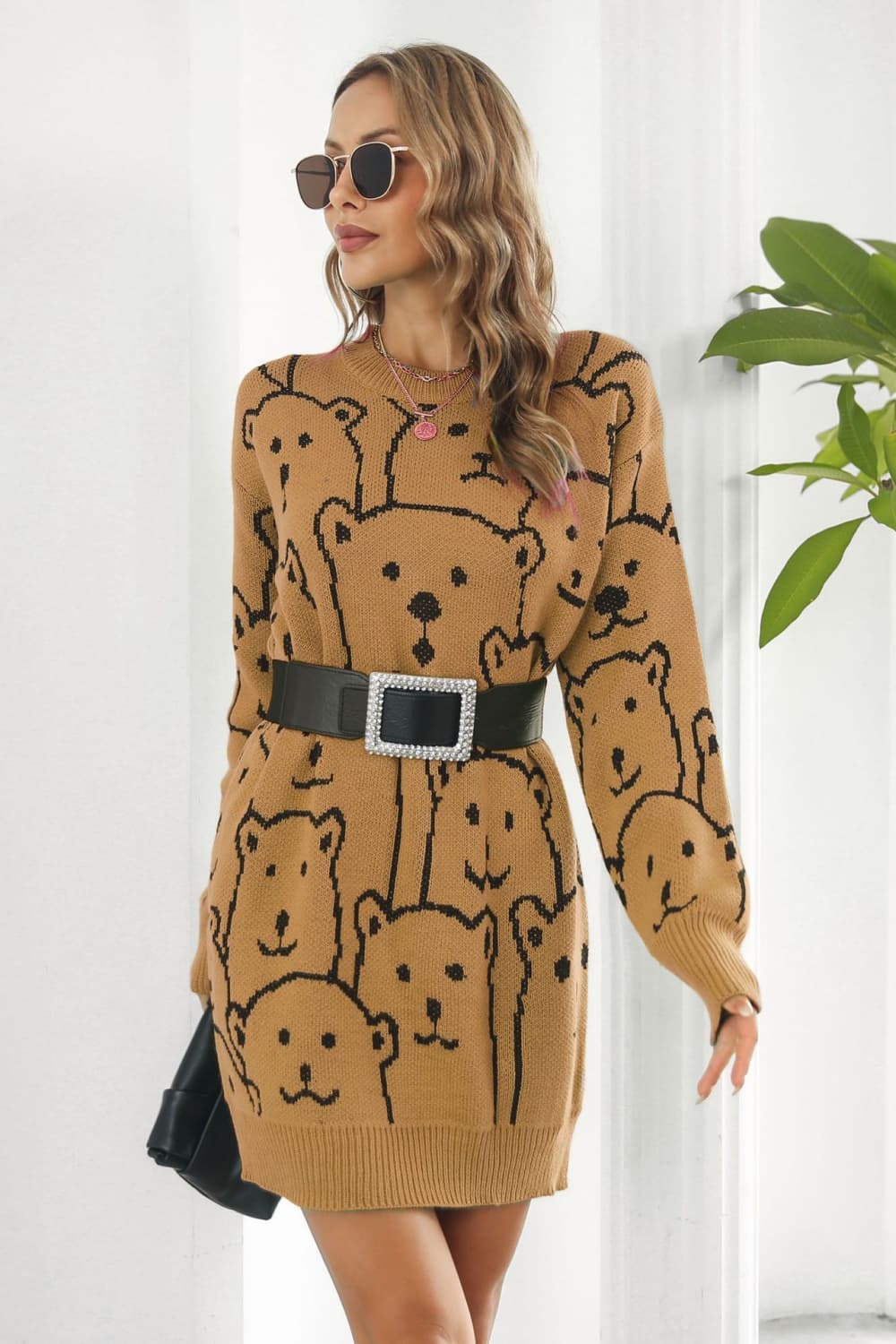 bear pattern round neck sweater dress