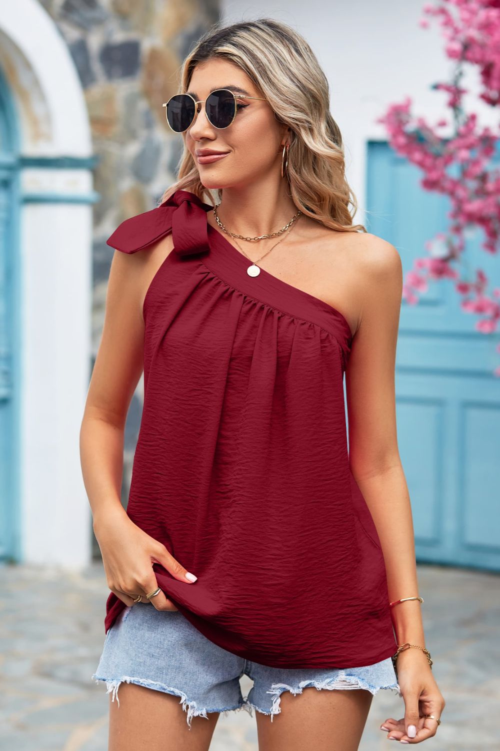 tied one-shoulder blouse