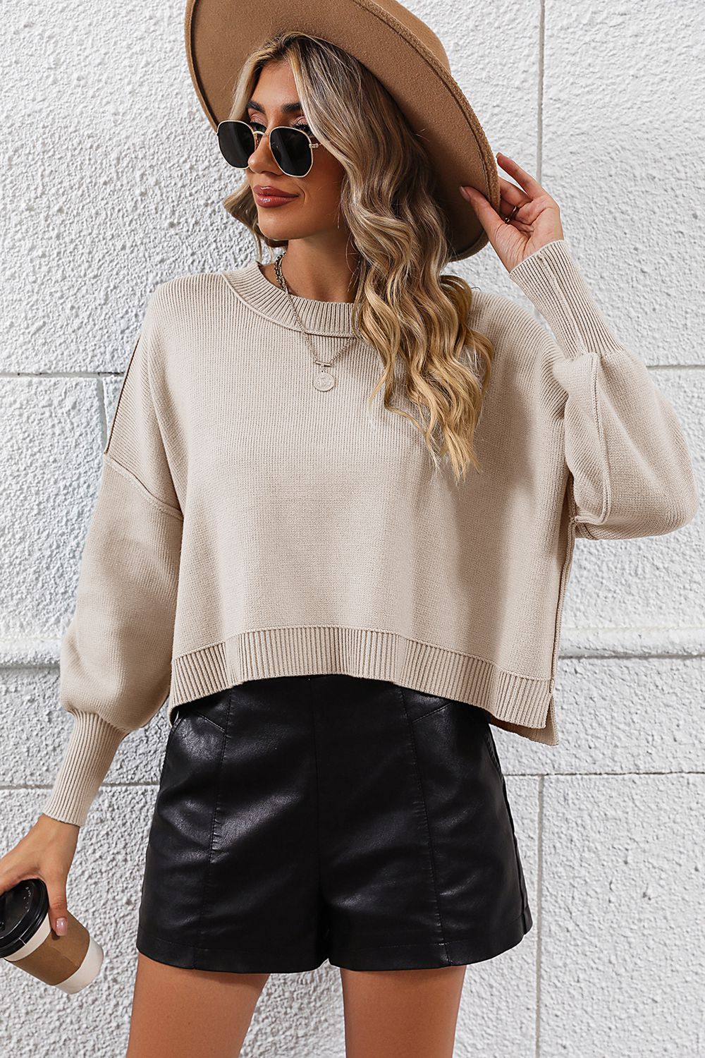 round neck dropped shoulder pullover sweater