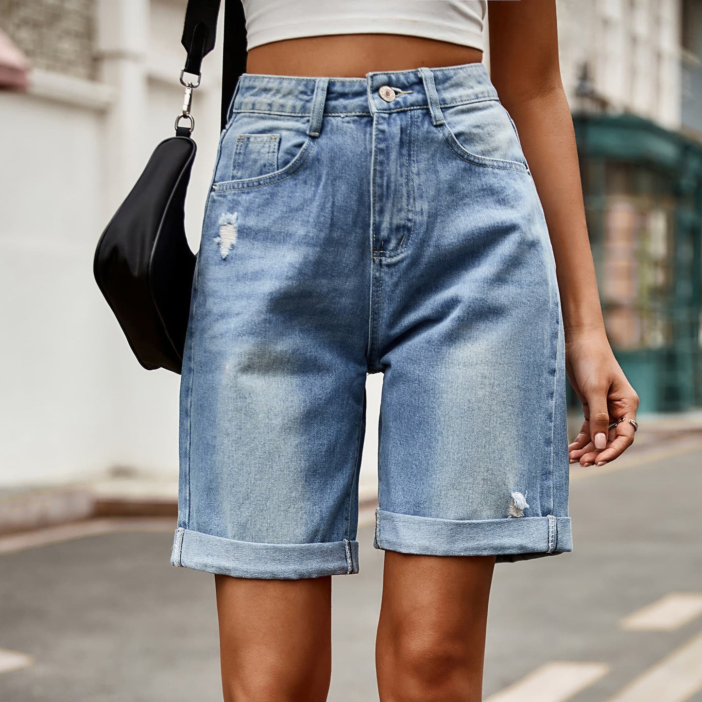 distressed buttoned denim shorts with pockets