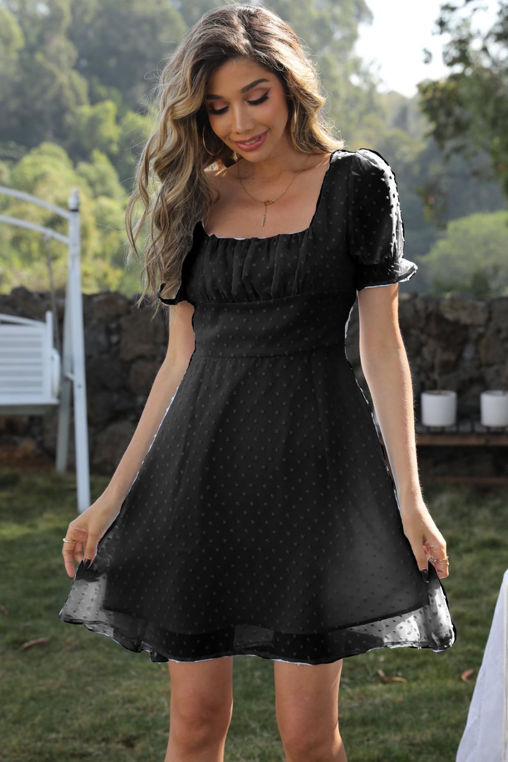 square neck swiss dot flounce sleeve dress