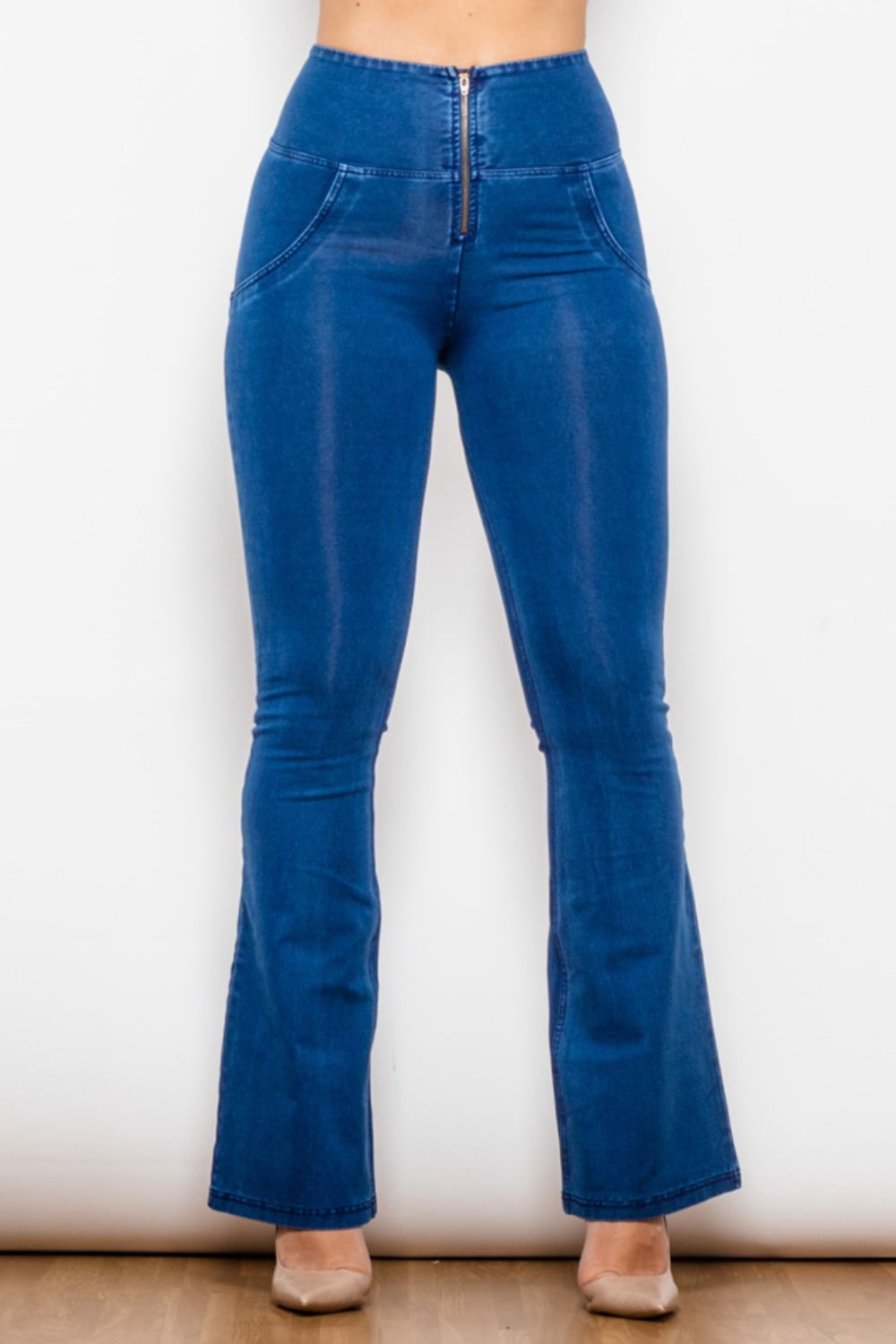 high waist zip detail  flare long jeans