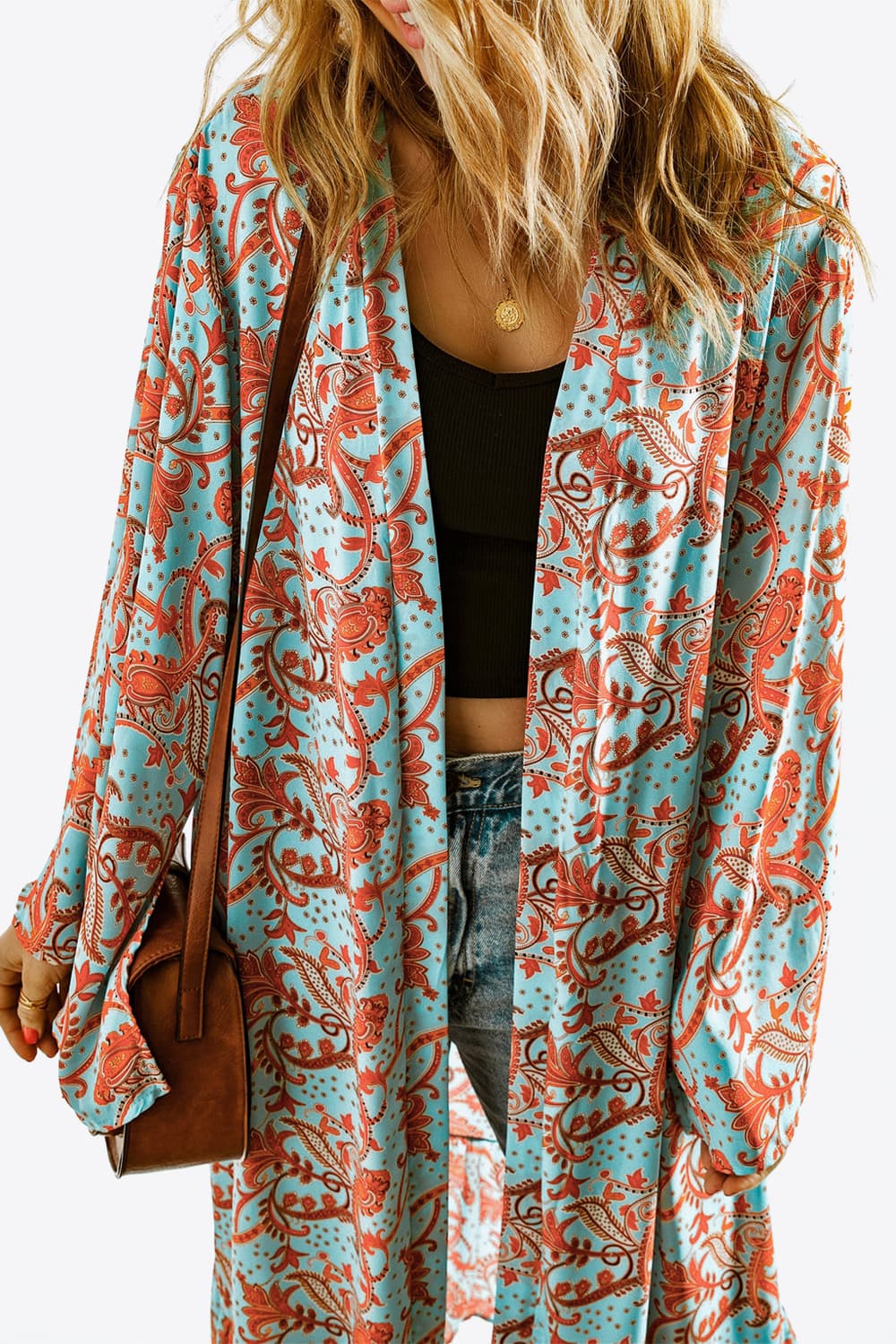printed open front duster cardigan