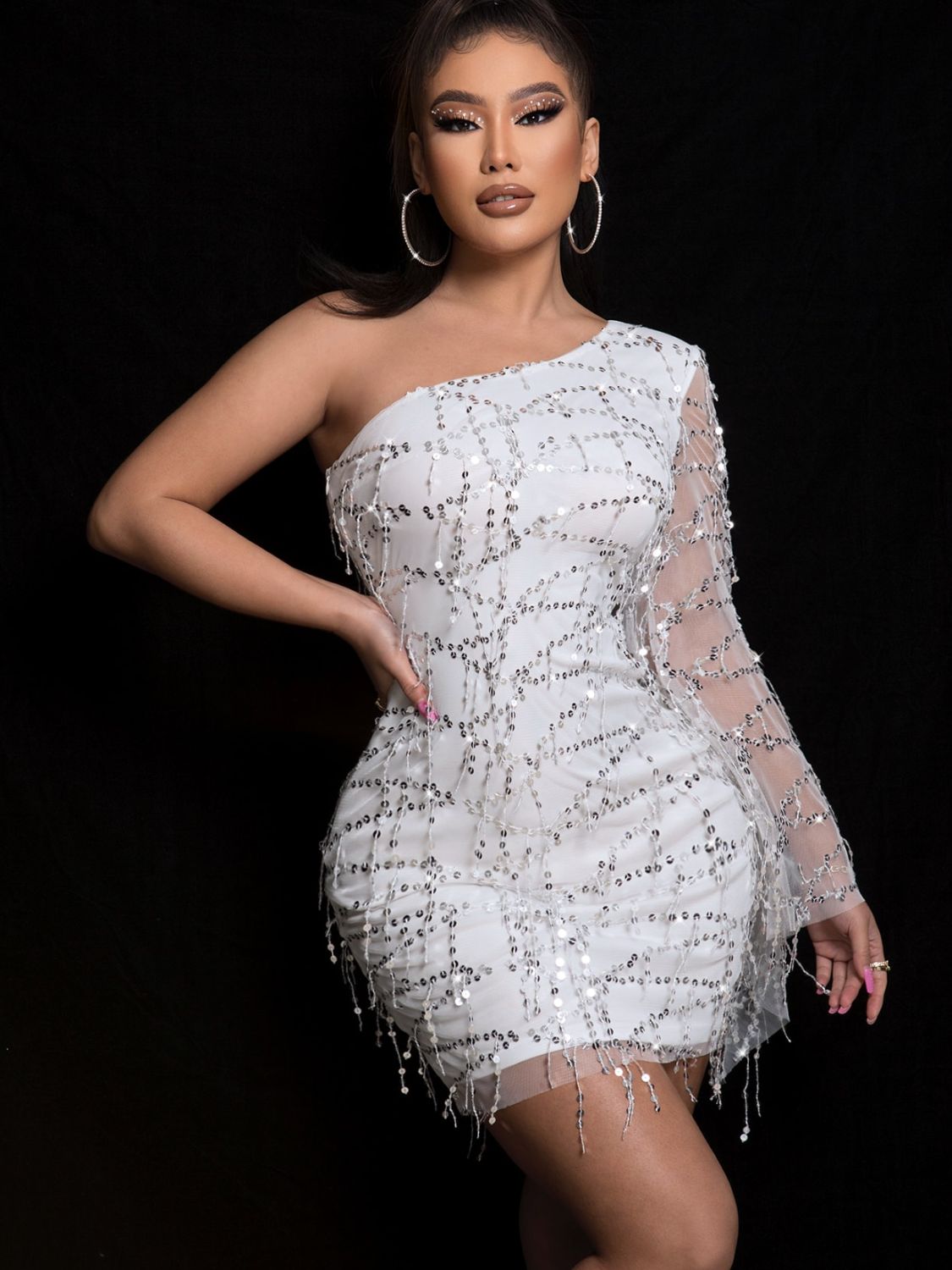 sequin one shoulder spliced mesh sleeve dress
