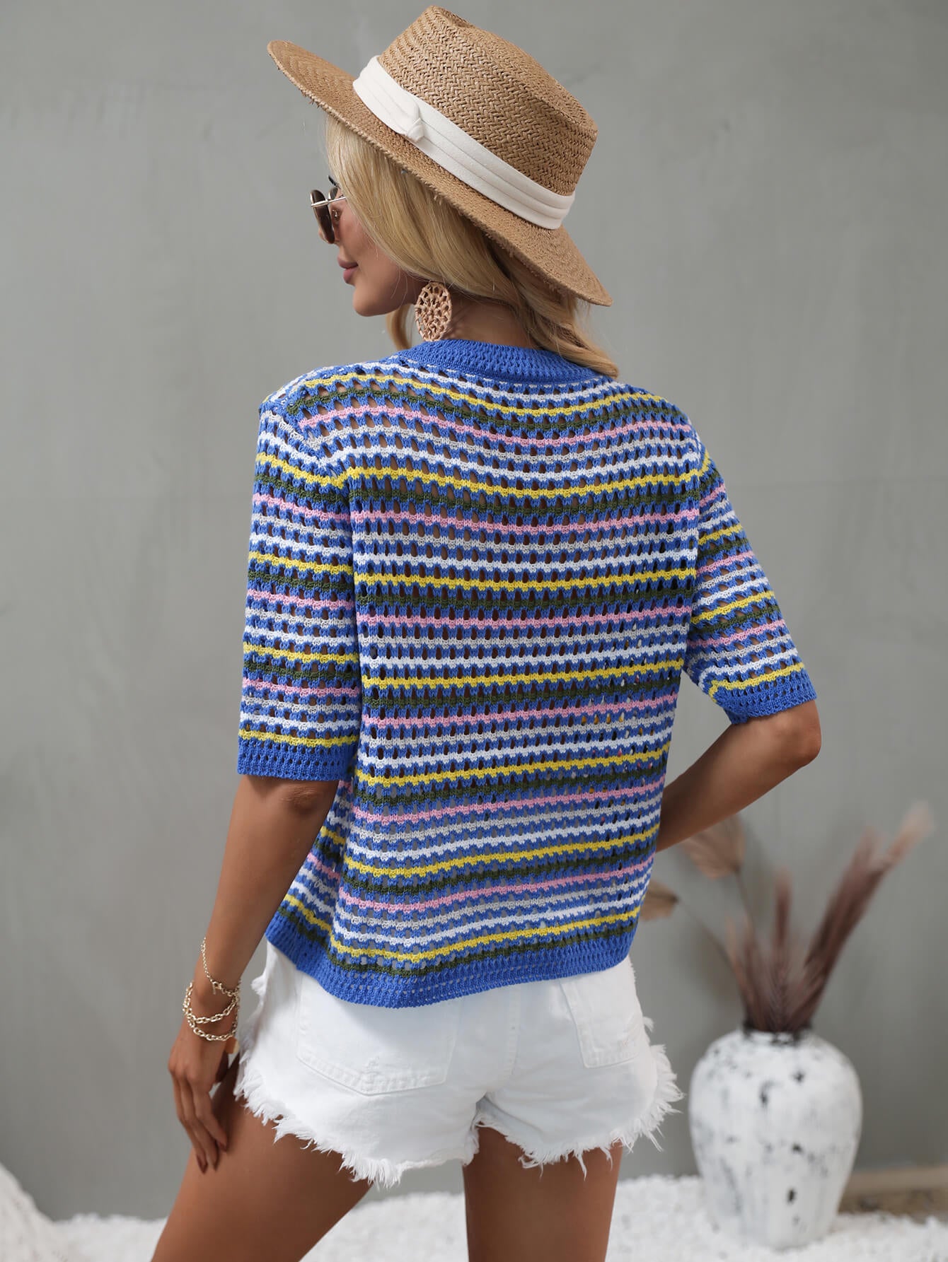 striped openwork half sleeve knit top