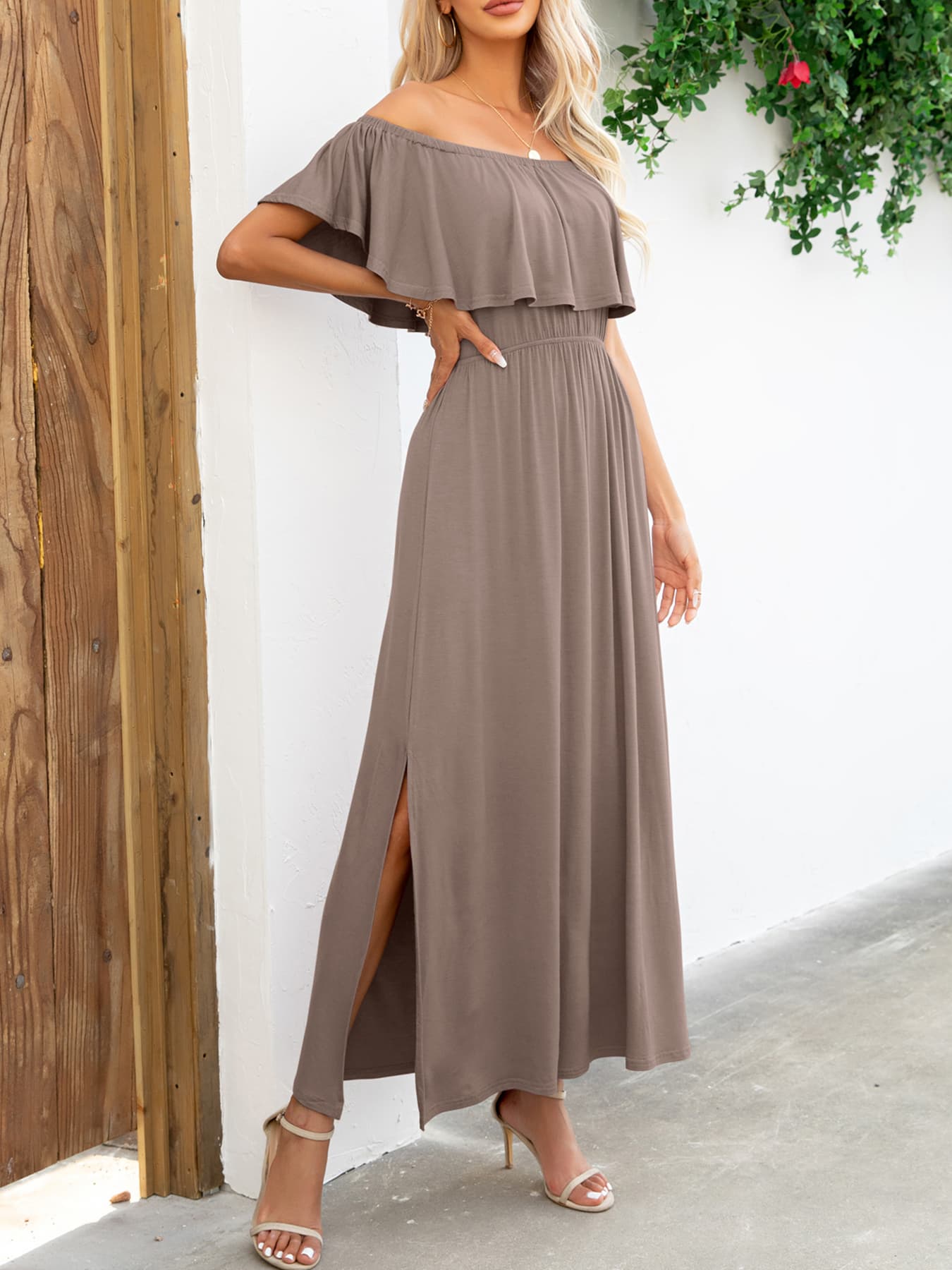 off-shoulder slit maxi dress