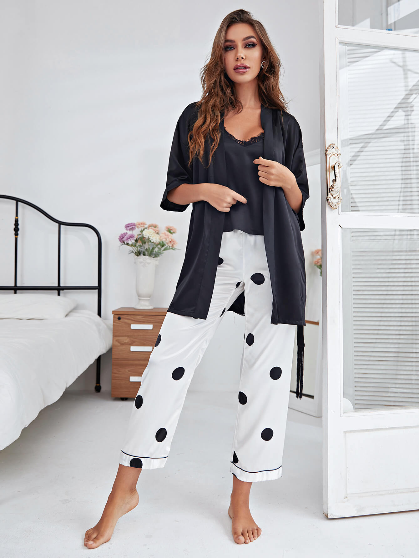 cami, robe, and printed pants pajama set