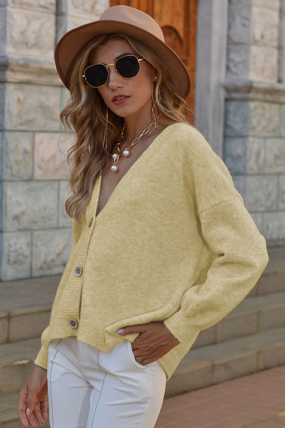 v-neck button-down dropped shoulder cardigan