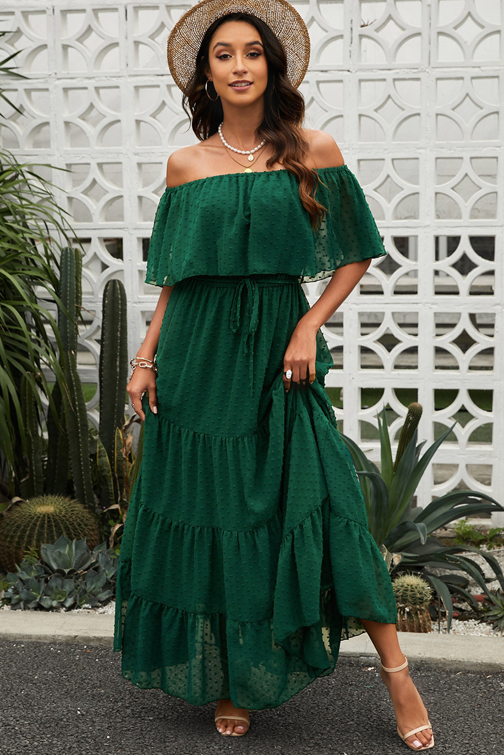 swiss dot off-shoulder tiered maxi dress