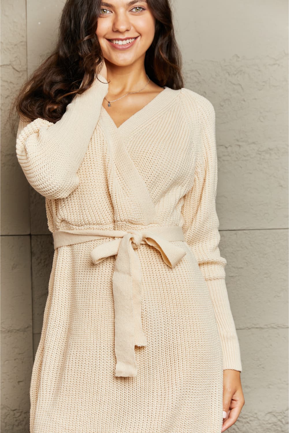 tie waist surplice neck sweater dress