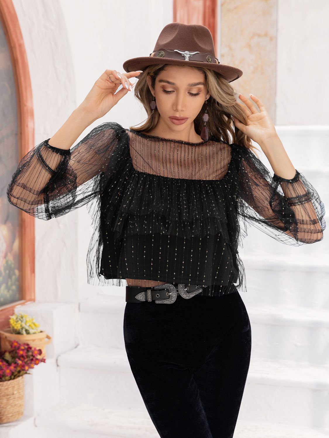 round neck layered long sleeve blouse