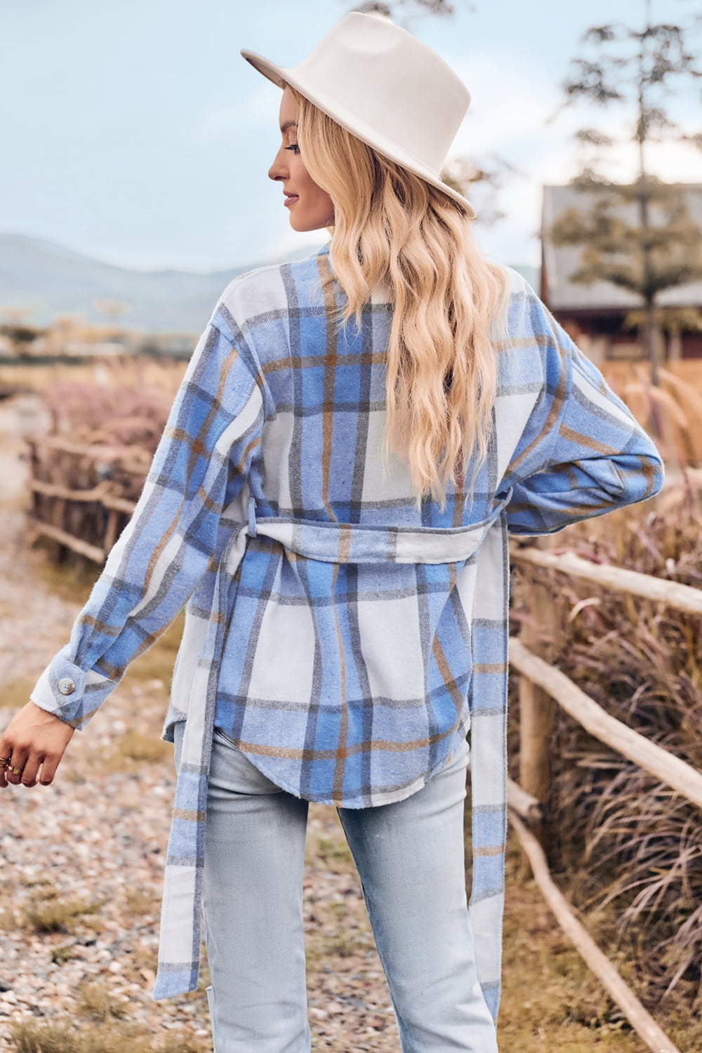 plaid collared neck bow front long sleeve jacket