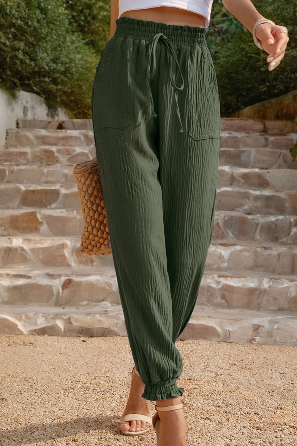 textured smocked waist pants with pockets