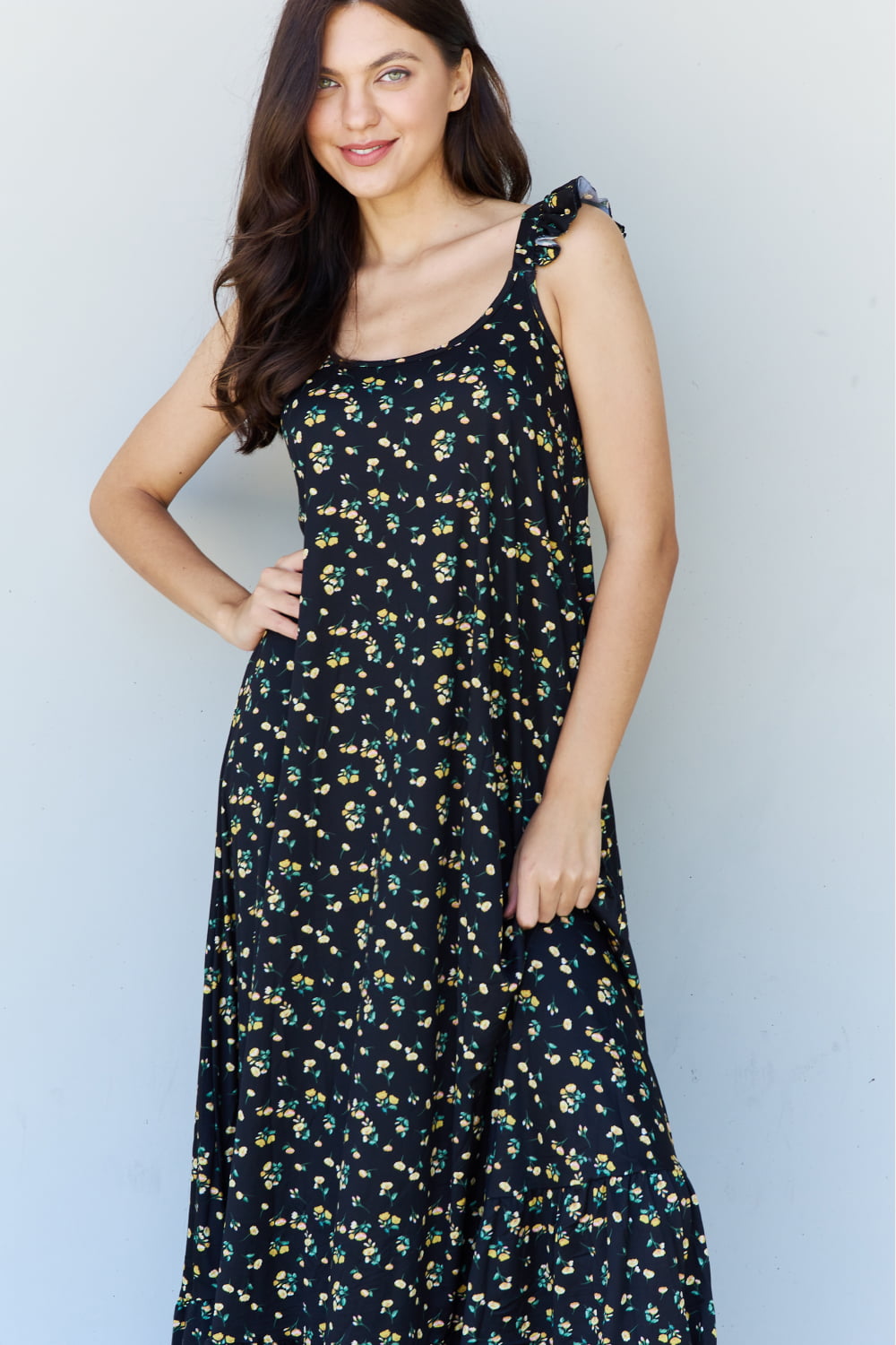 doublju in the garden ruffle floral maxi dress in  black yellow floral