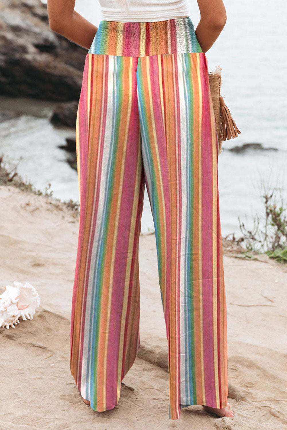 striped smocked waist pants with pockets