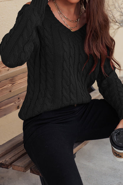 Woven Right Cable-Knit Cold-Shoulder Long Sleeve Sweater