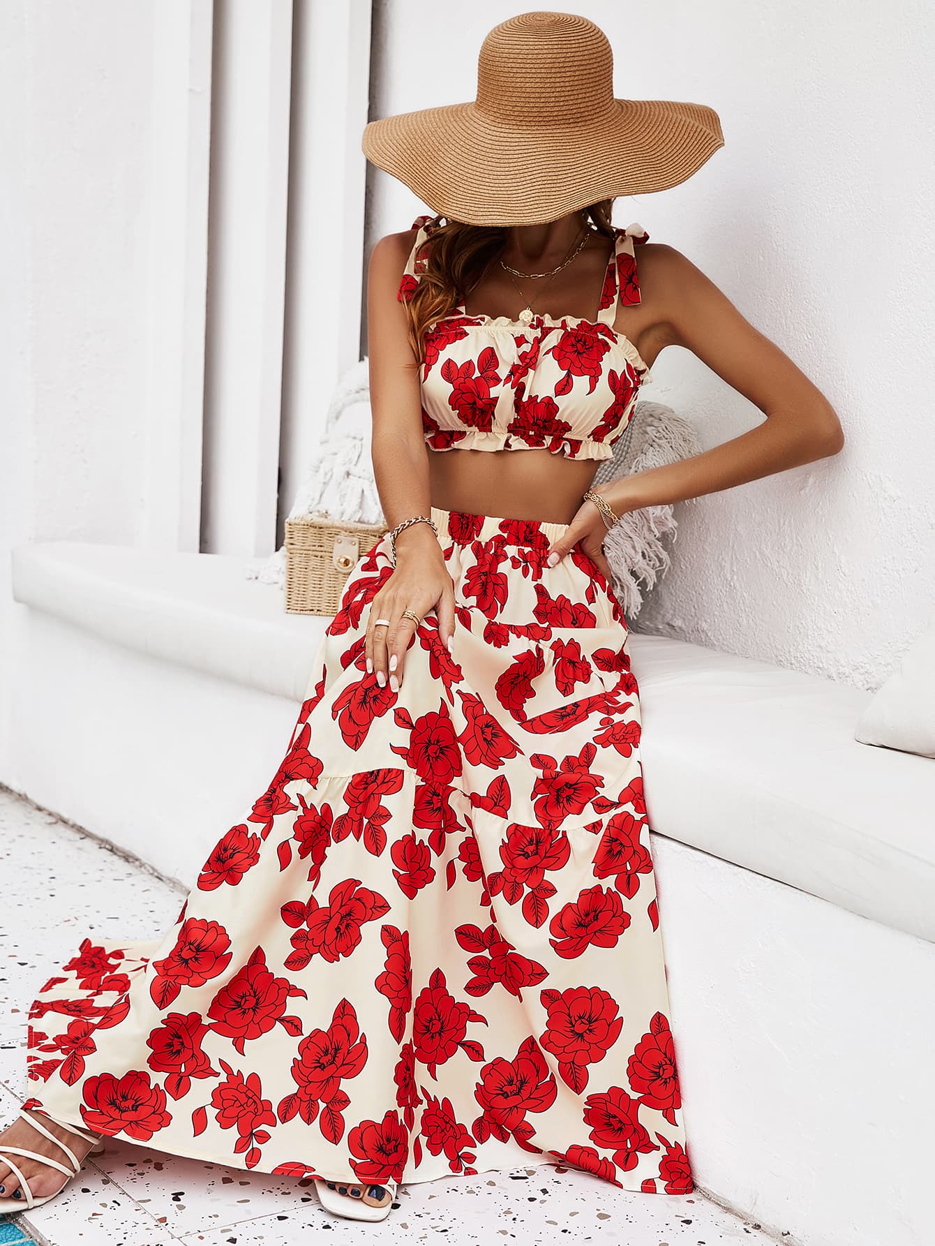 floral tie shoulder top and tiered maxi skirt set