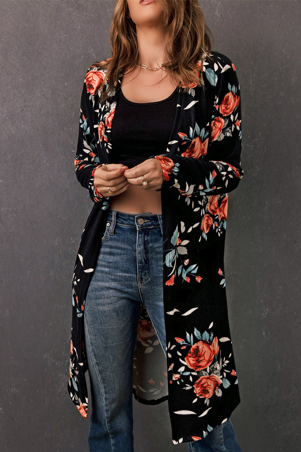 double take printed open front longline cardigan