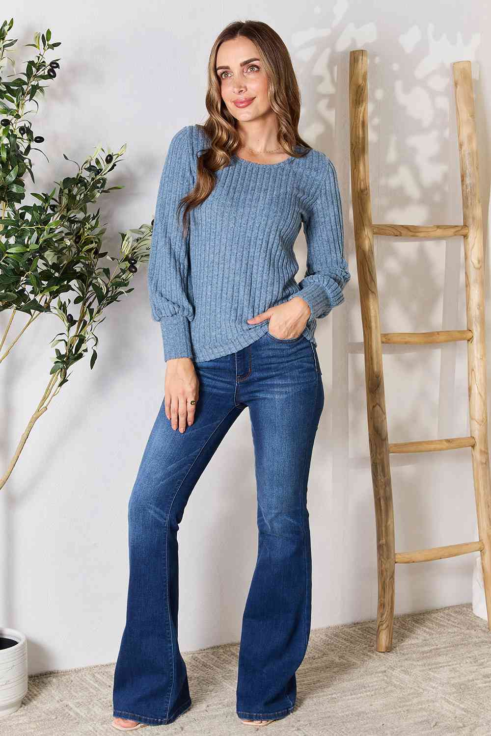 double take ribbed round neck lantern sleeve blouse