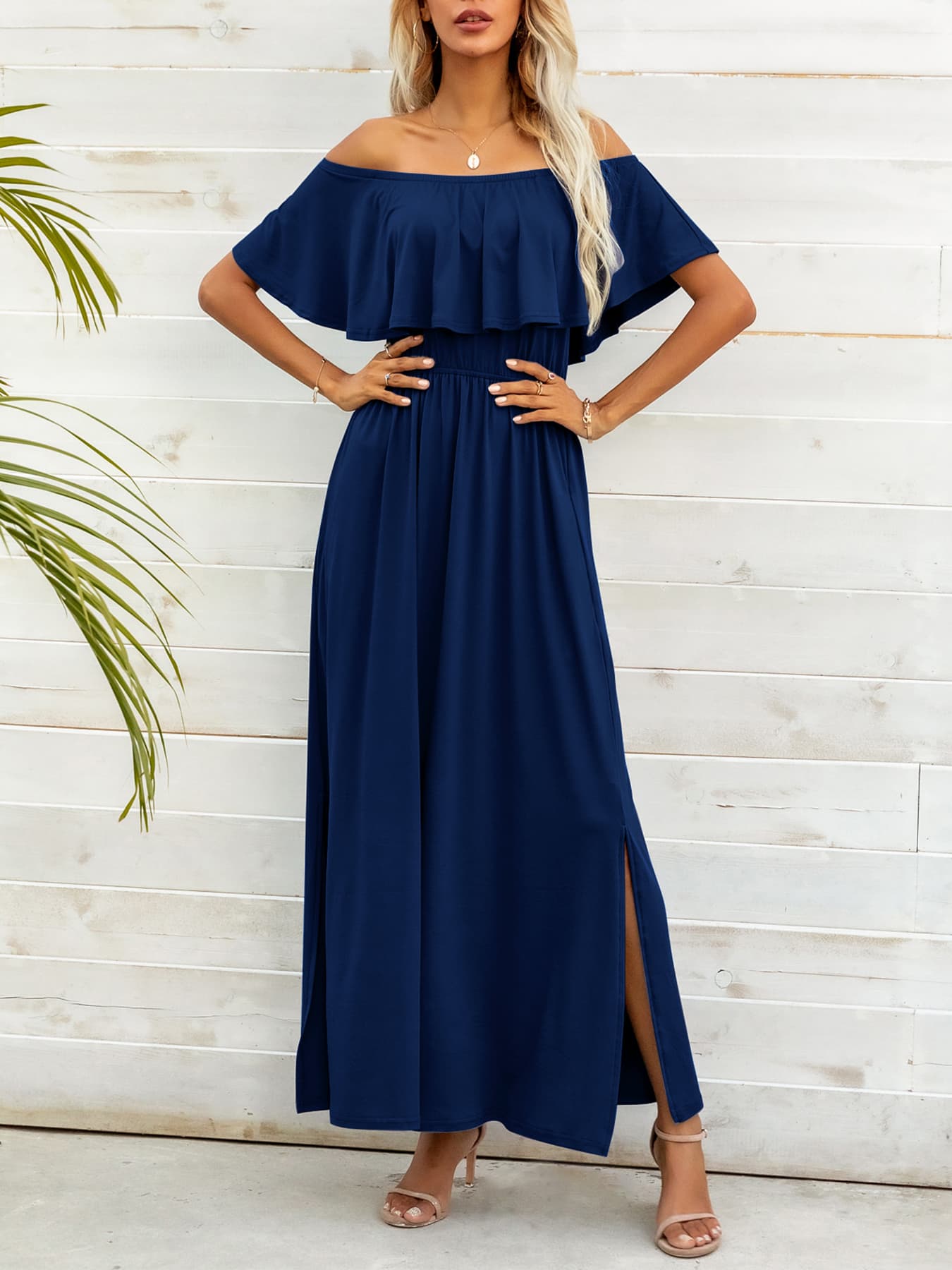 off-shoulder slit maxi dress