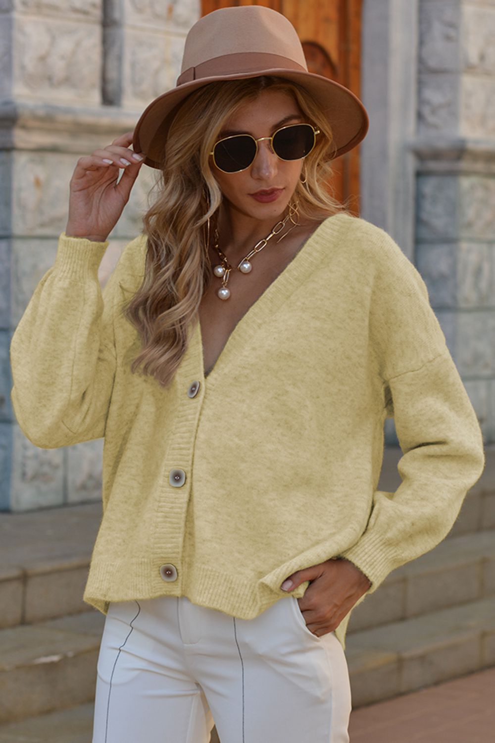 v-neck button-down dropped shoulder cardigan