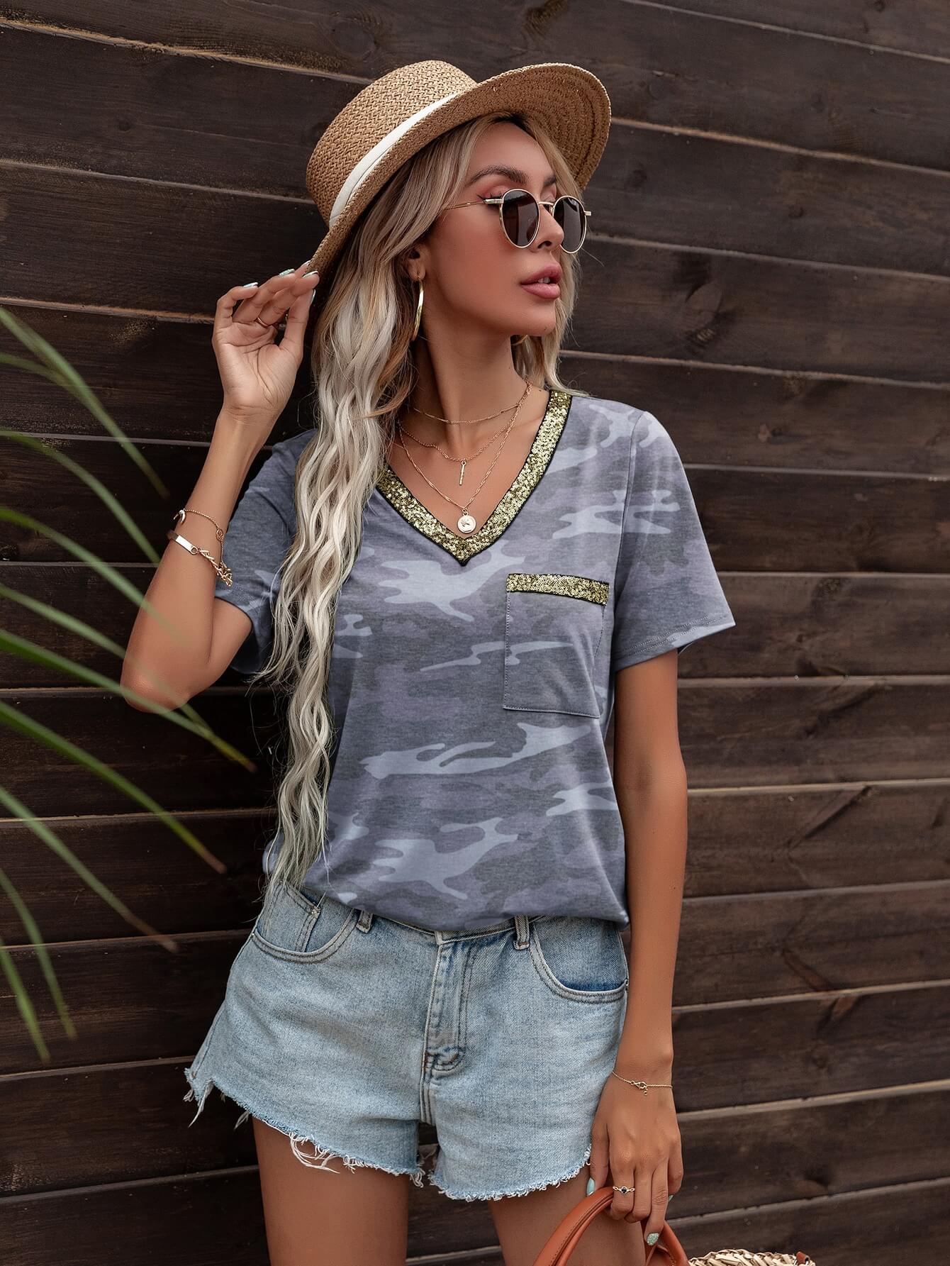 glitter v-neck short sleeve tee shirt