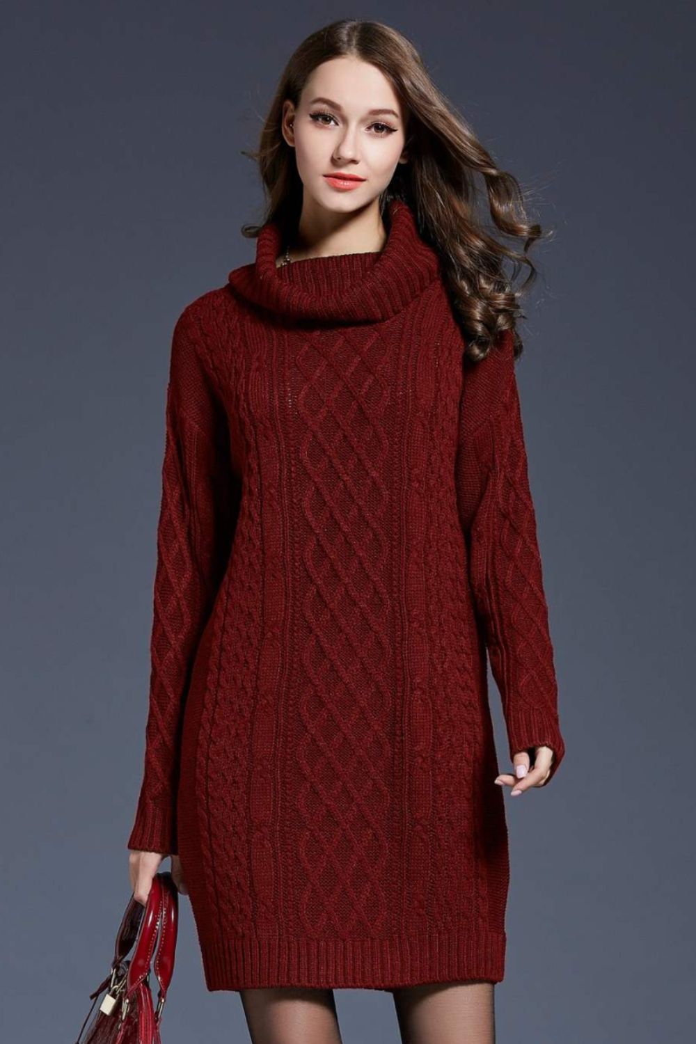 woven right full size mixed knit cowl neck dropped shoulder sweater dress