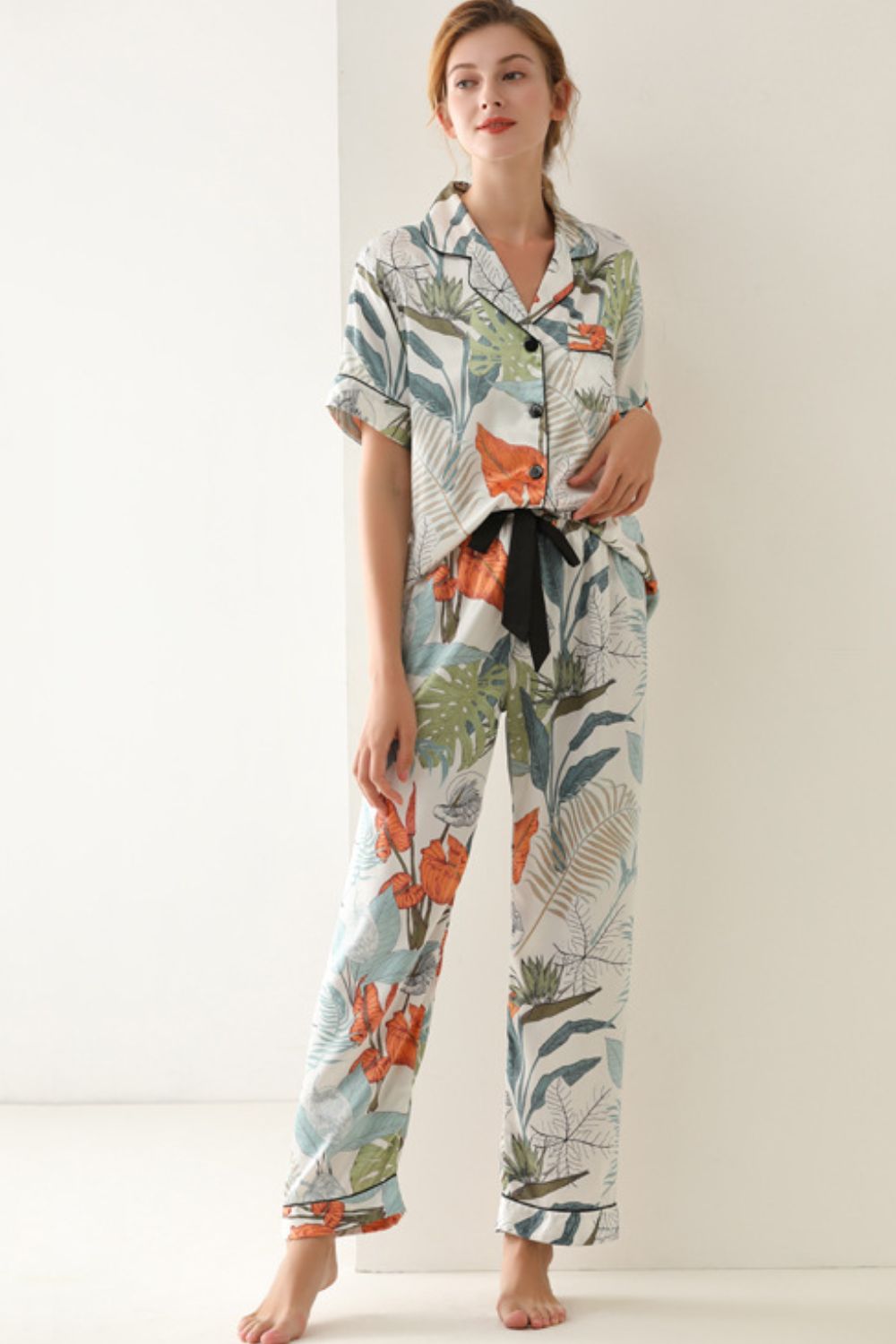 botanical print button-up top and pants pajama set