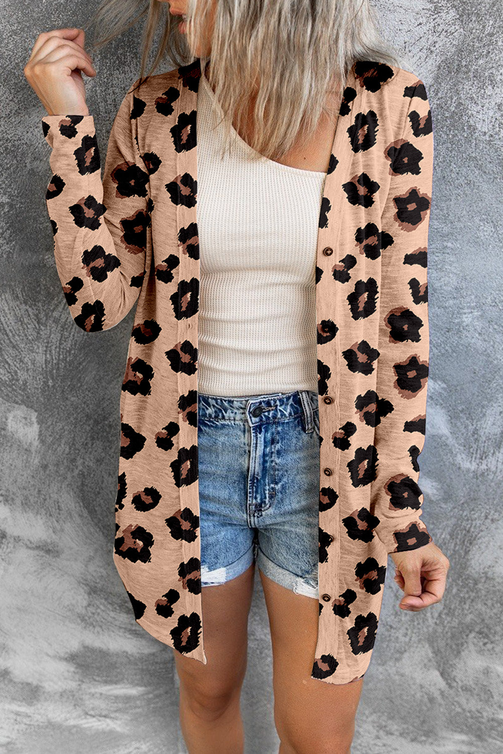 printed button front longline cardigan