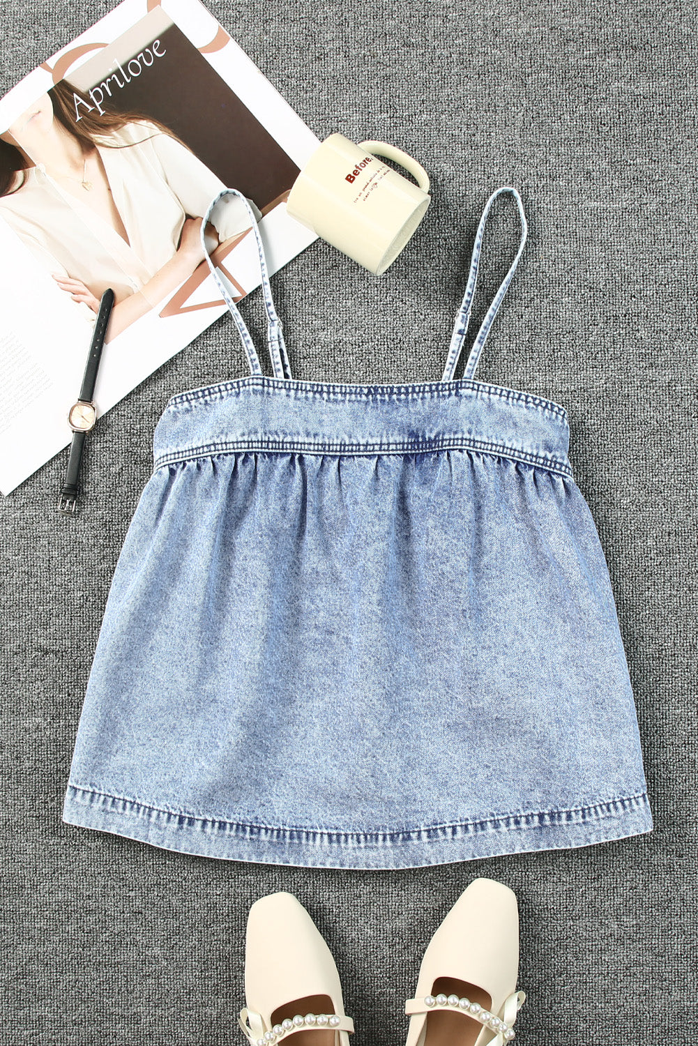 smocked adjustable strap denim cami