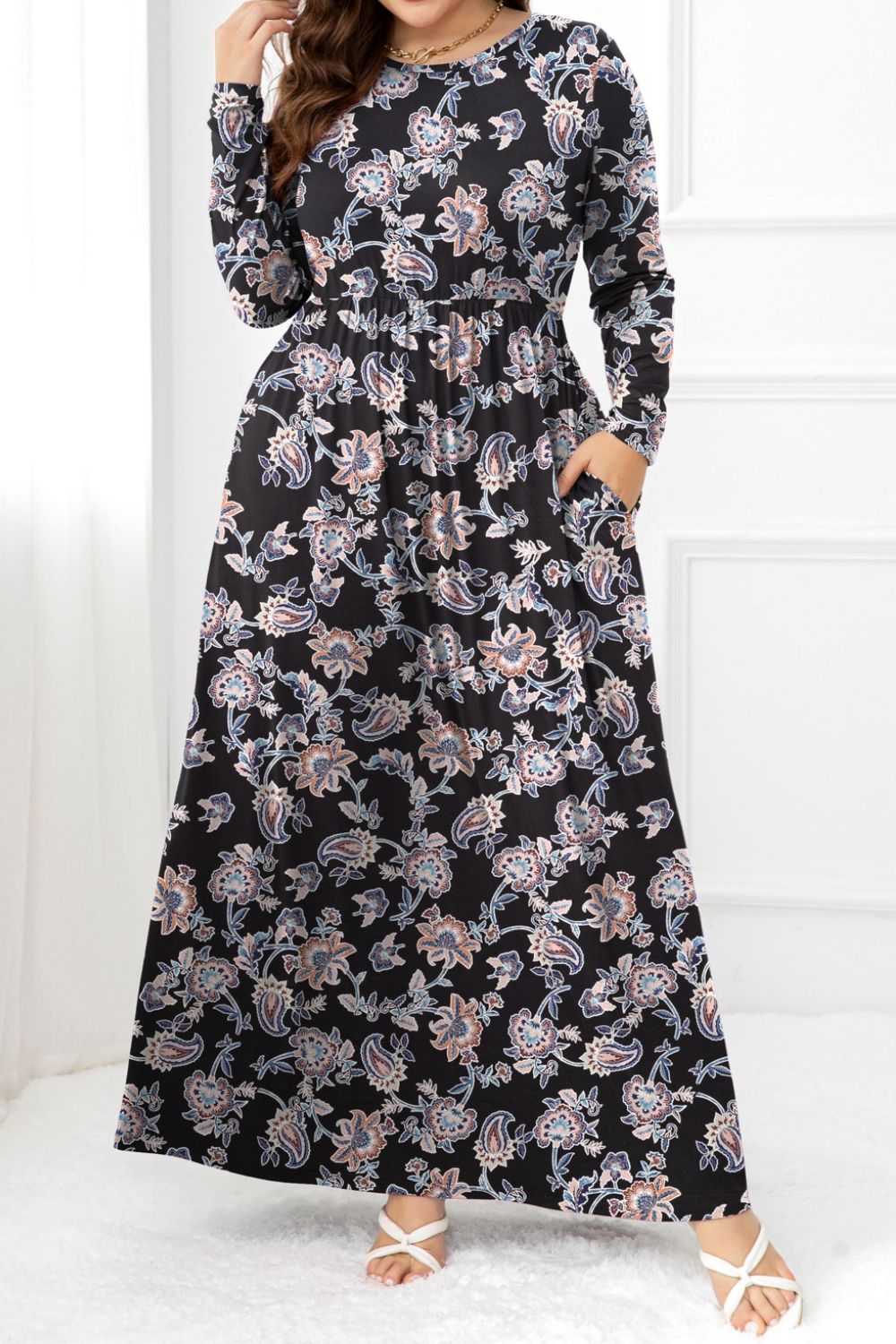 plus size round neck long sleeve maxi dress with pockets