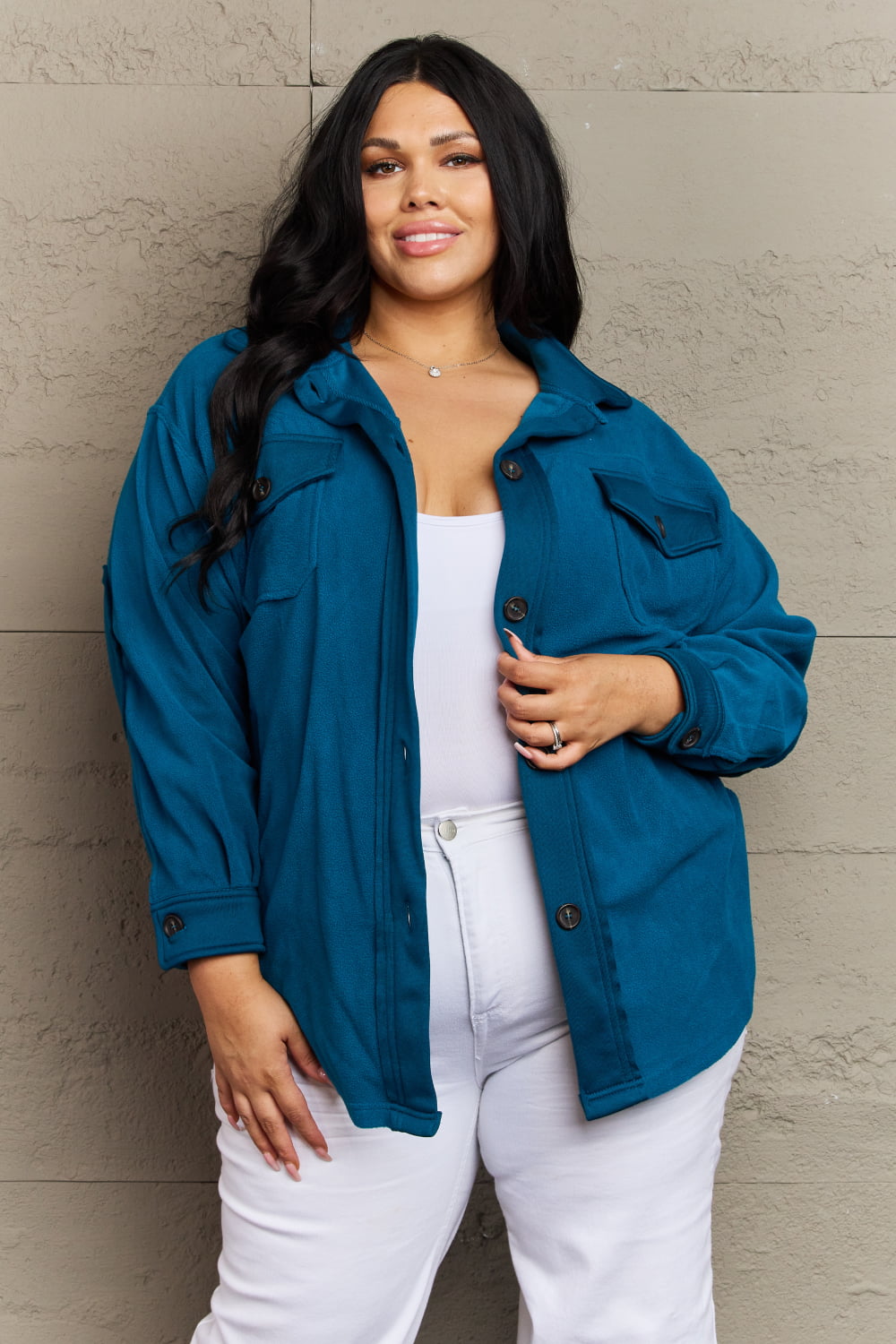 zenana cozy in the cabin full size fleece elbow patch shacket in teal