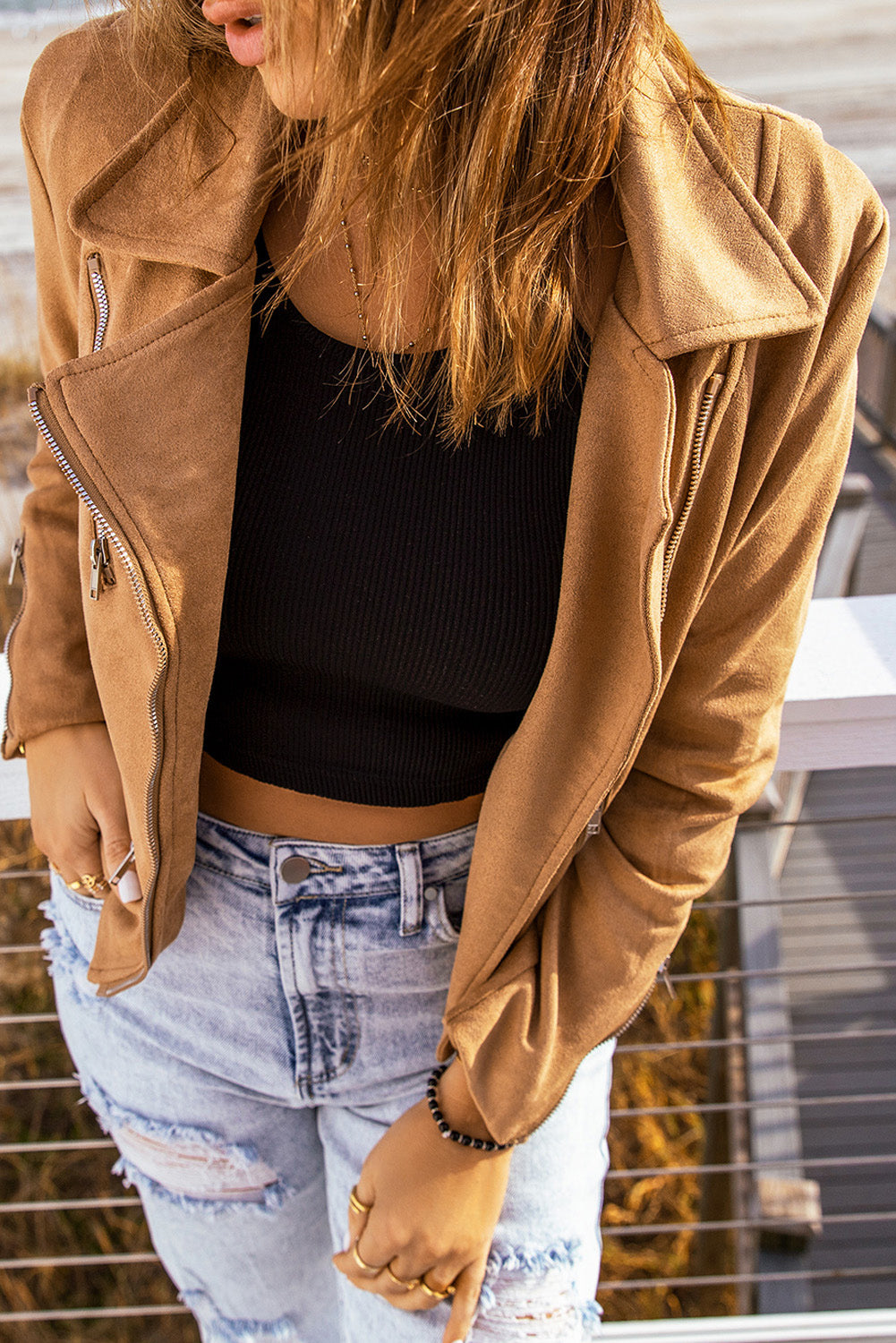 zip-up suede jacket