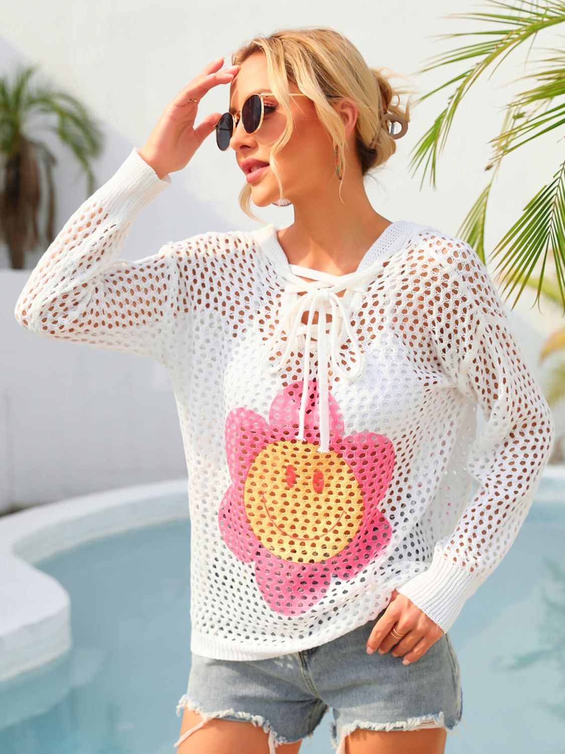 flower graphic lace-up openwork hooded cover up