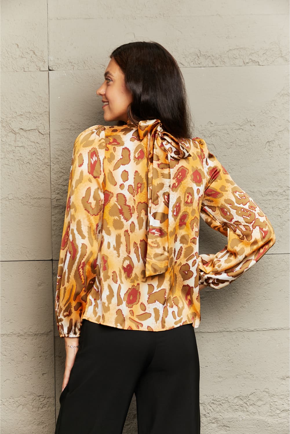 printed mock neck long sleeve blouse