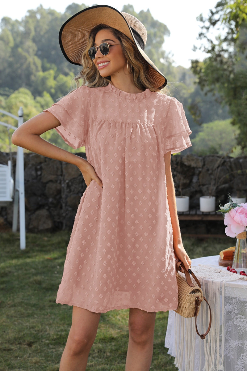 swiss dot round neck flutter sleeve dress