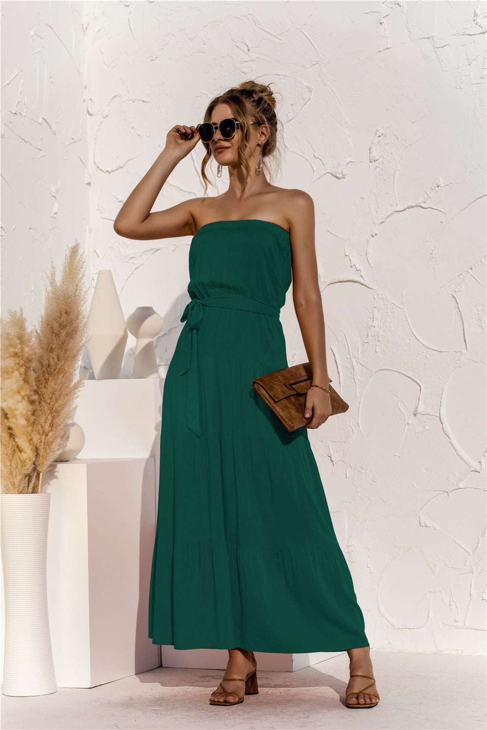 strapless tie waist tiered maxi dress