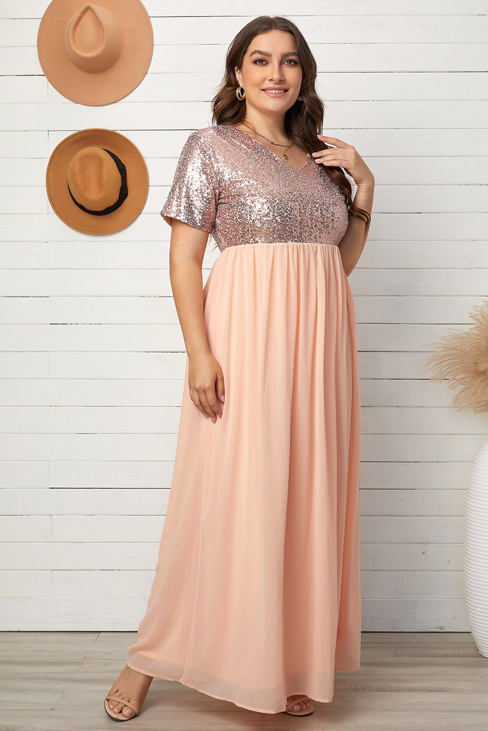 plus size sequined spliced maxi dress