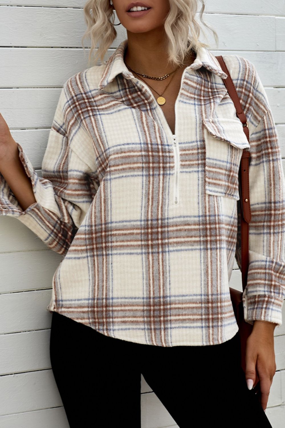 double take plaid half-zip collared curved hem sweatshirt