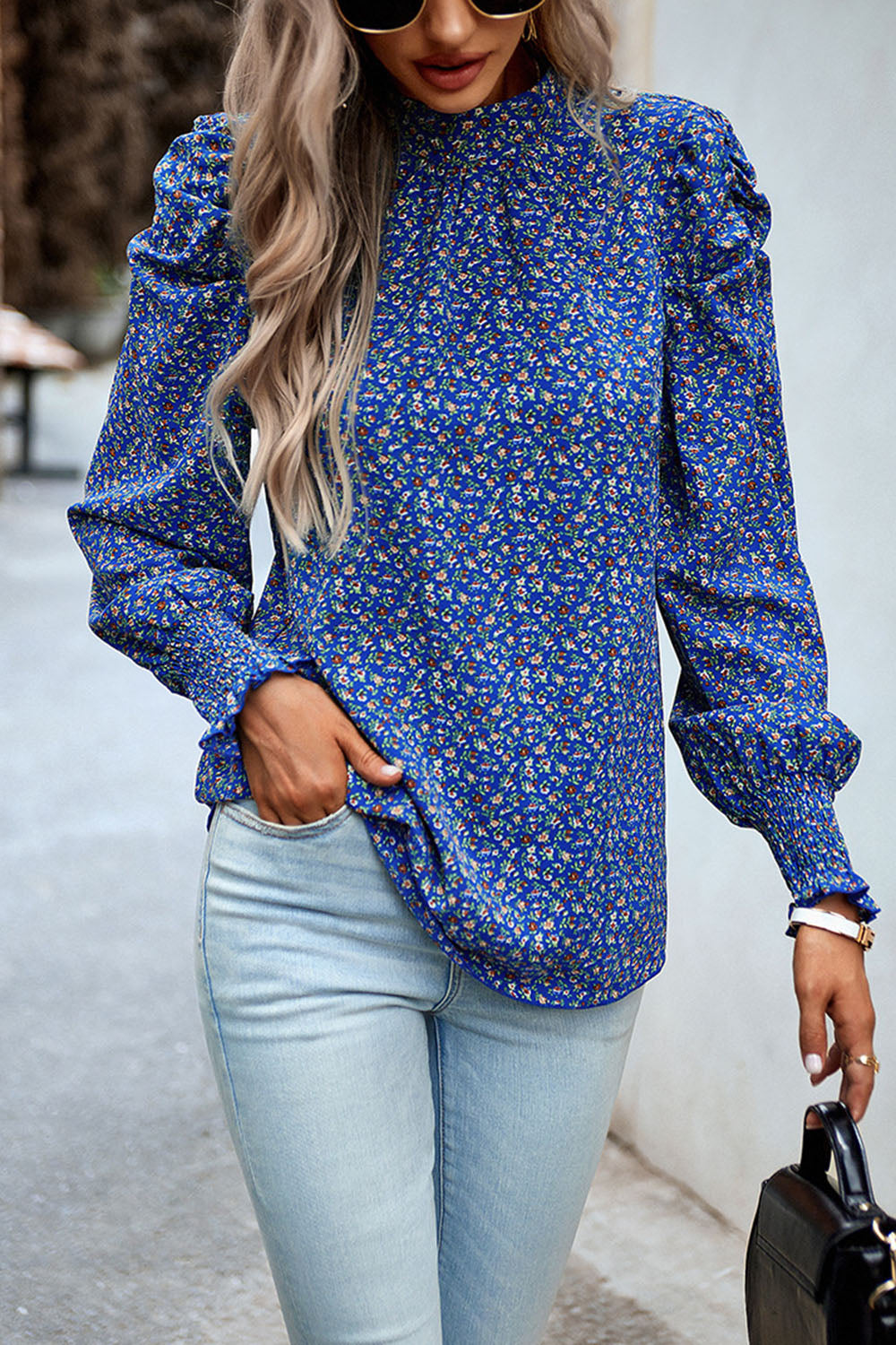 printed smocked puff sleeve blouse